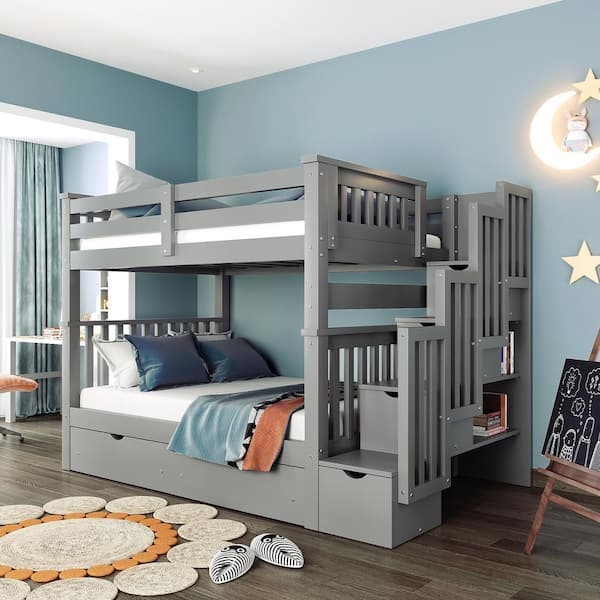 Bunk Bed Slate Gray Built-in Shelving Integrated Stairs Full