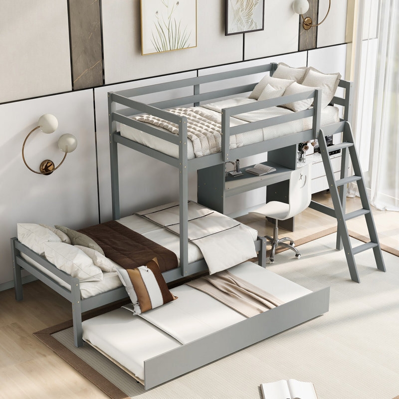 Bunk Bed: Slate Grey Triple Sleeper, Pull-Out Trundle, Integrated Desk.