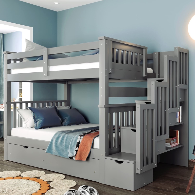 Bunk Bed Slate Grey Twin Over Full Staircase Shelves