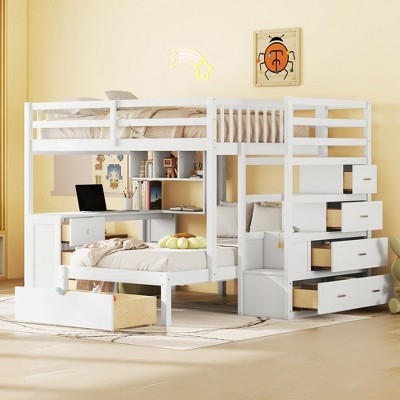 Bunk Bed System: Crisp White, L-Shaped Layout, Trundle Storage.