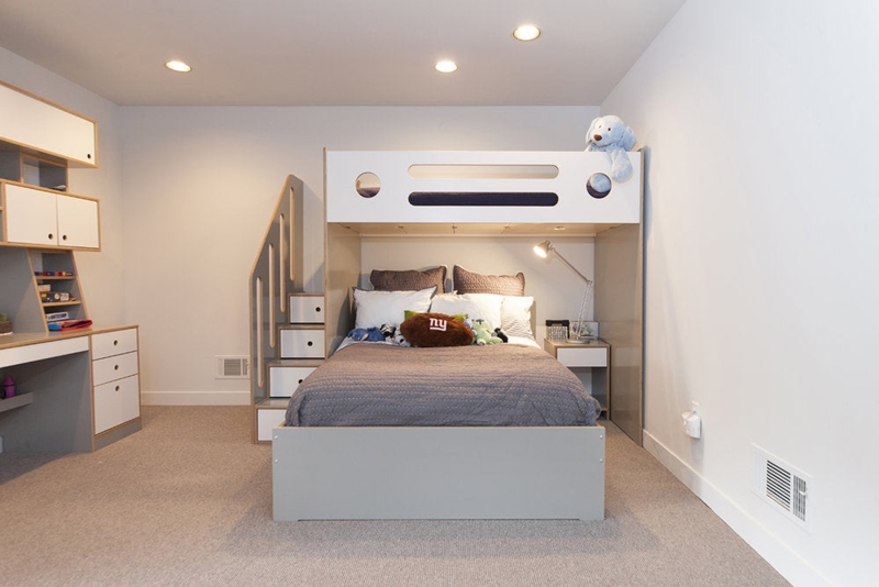 Bunk Bed System with Storage Stairs and Integrated Desk Gray