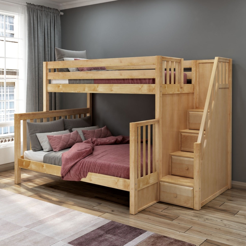 Bunk Bed: Twin Over Queen, Natural Wood with Stair Drawers