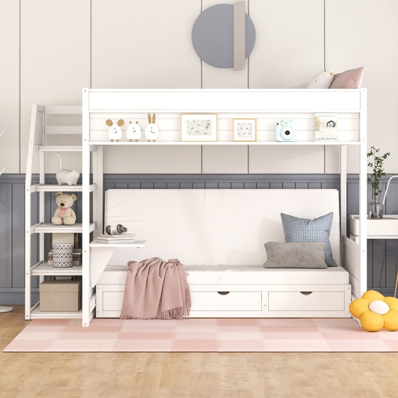 Bunk Bed White Convertible Daybed Storage Stairs Side Table