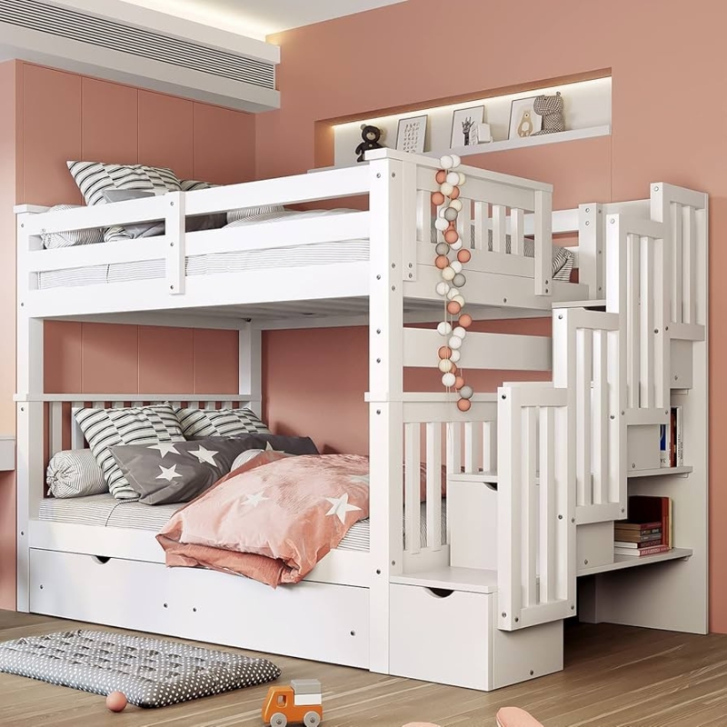 Bunk Bed White Full Over Full with Staircase Storage Drawers