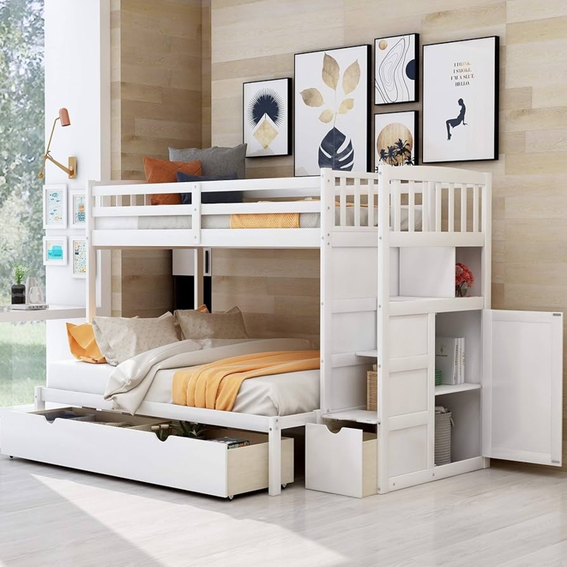 Bunk Bed: White Twin Over Full, Convertible Bottom & Stairs