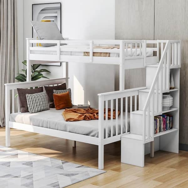 Bunk Bed: White Twin Over Full, Convertible with Stair Shelves