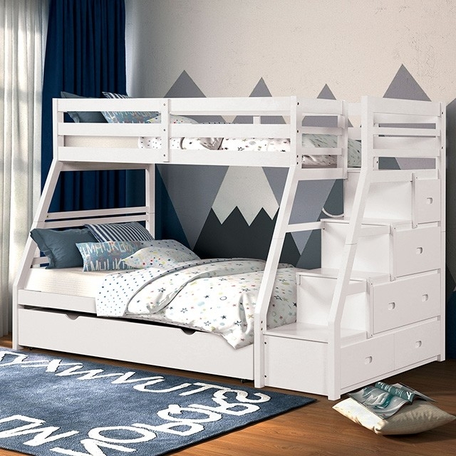Bunk Bed: White Twin Over Full, Stairs & Pull-Out Trundle Drawer