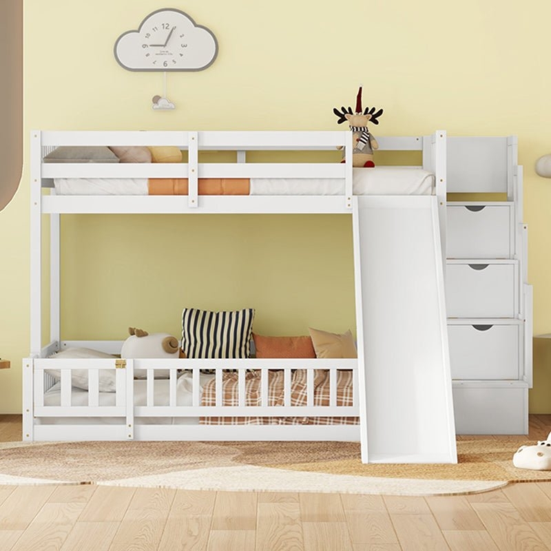 Bunk Bed: White Twin Over Full with Slide and Slatted Sides