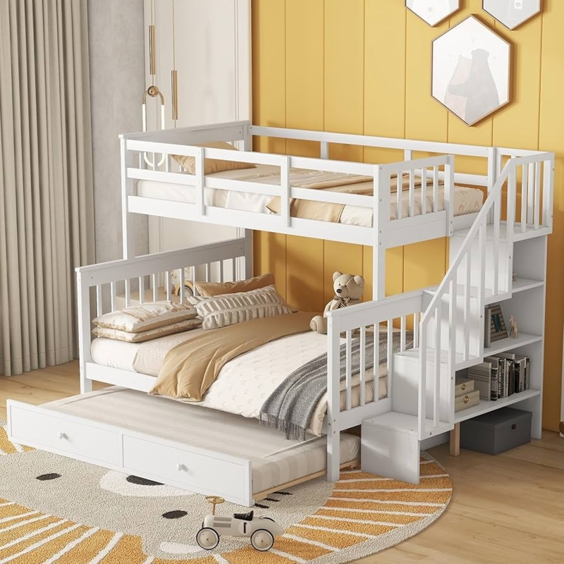 Bunk Bed: White Twin Over Full with Stairway Shelving & Trundle