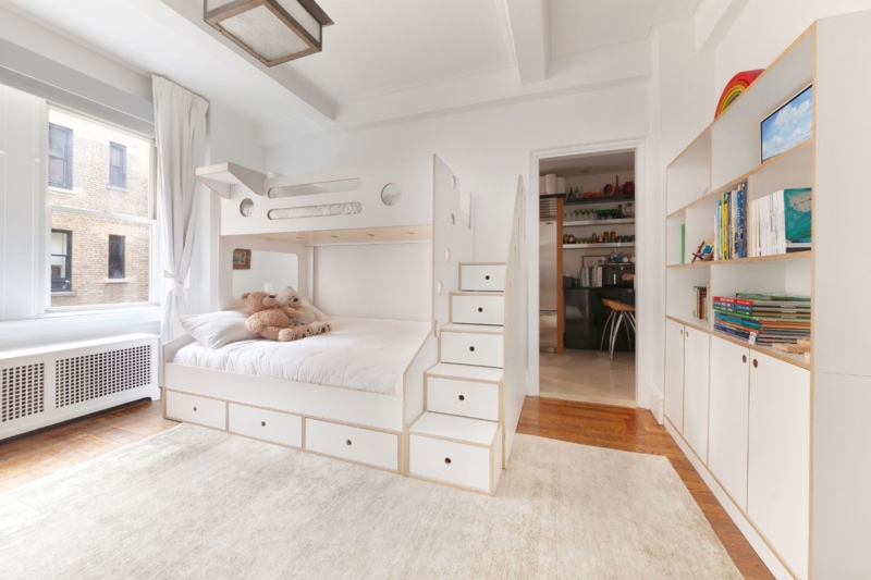 Bunk Bed: White Twin Over Full, Wood-Toned Edges & Stairs