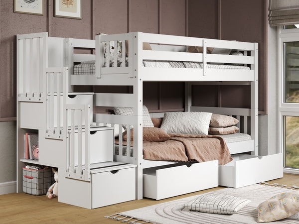Bunk Bed: White Twin Over Twin Stairway with Built-in Storage