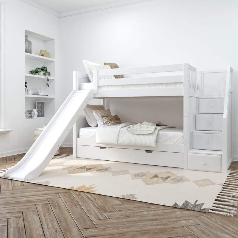 Bunk Bed with Pull-Out Trundle, Slide, and Staircase Storage