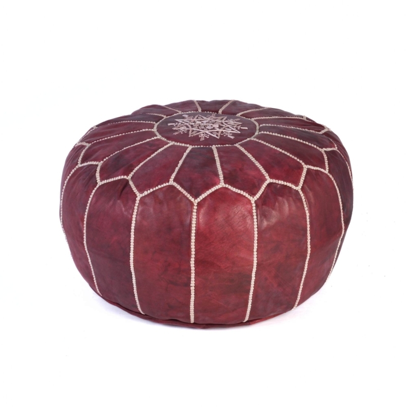 Burgundy Leather Pouf Ottoman with Hand-Stitched Star Motif Embroidery