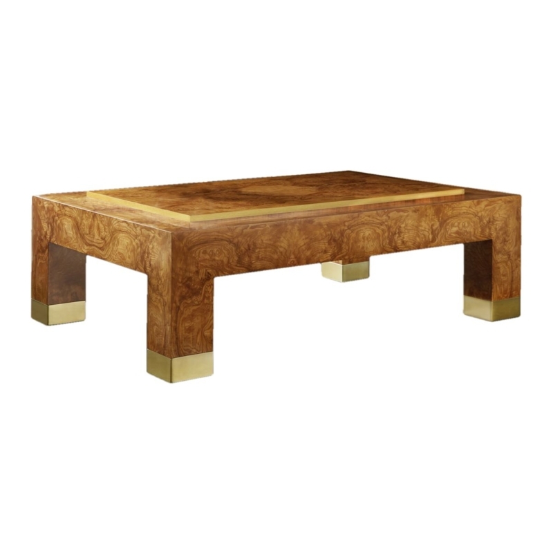 Burl Wood Coffee Table Brass Capped Metal Foot Caps Inset Top