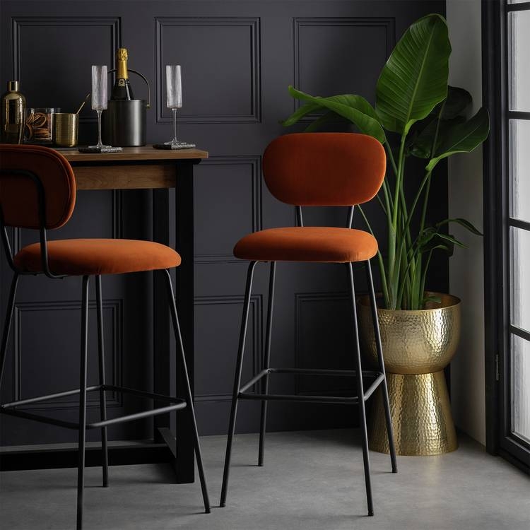 Burnt Orange Bar Stool with Curved Back and Slim Black Metal Legs