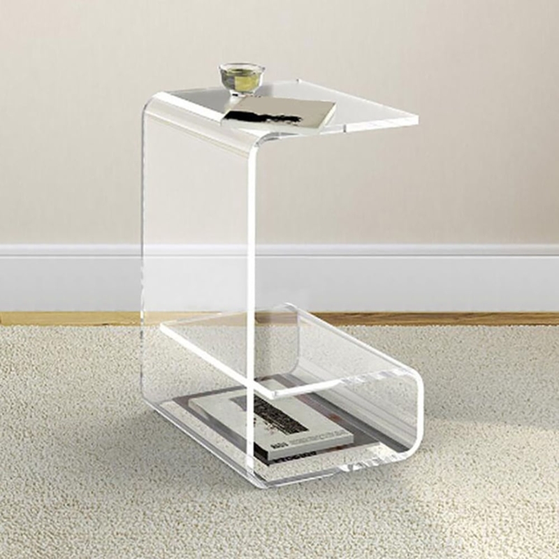 C-Shaped Acrylic Side Table Integrated Storage Slot Cantilevered Top