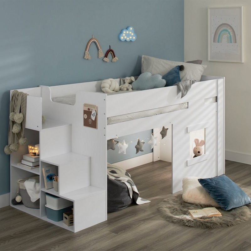 Cabin Bed White Mid Sleeper with Under Bed Den and Window Cutout