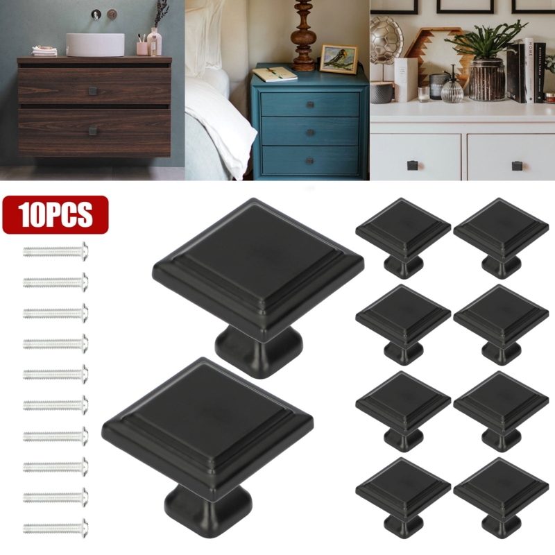Cabinet Knob Matte Black Stepped Edge Square Transitional