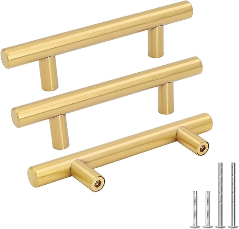 Cabinet Pull: Brushed Gold T-Bar Design Cylindrical Minimalist Style