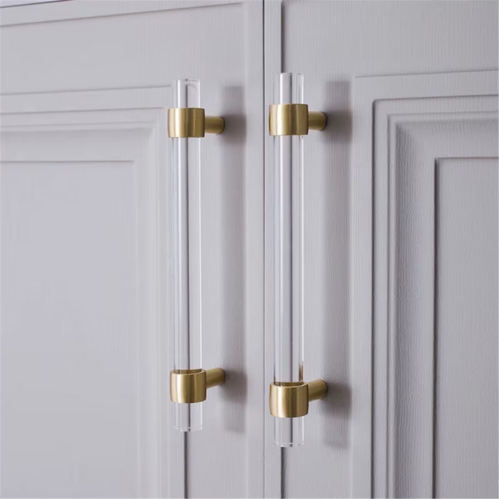 Cabinet Pull: Clear Acrylic Rod Brushed Gold Mounts Modern Glam Hardware