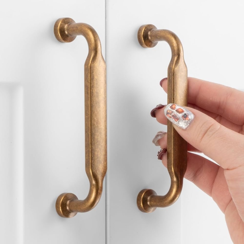 Cabinet Pull: Distressed Antique Brass Flat Grip Curved Bridge Farmhouse