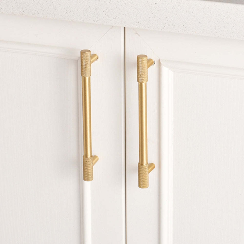 Cabinet Pulls: Brushed Gold Knurled Texture T-Bar Ends Industrial Style