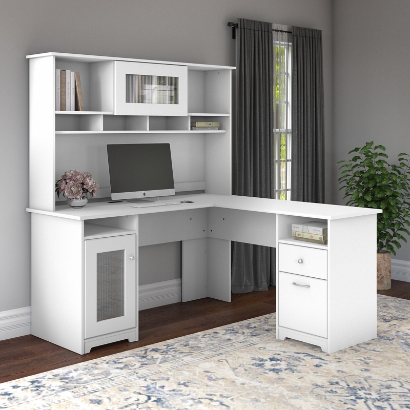 Cabot White L-Shaped Desk with Hutch - Bush Furniture