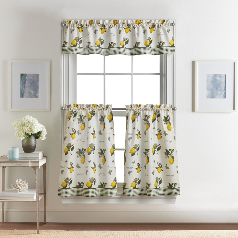 Cafe Curtain Set, Lemon Botanical Print with Gingham Check Trim