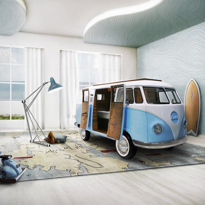 Camper Van Bed Retro Style with Opening Doors and Glossy Blue Finish