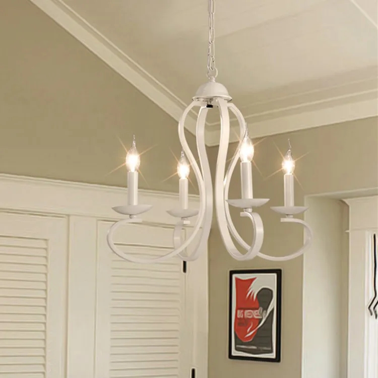 Candle Chandelier Four Light Fixture in Matte White with Scrolling Arms