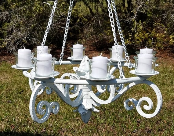 Candle Chandelier Six Light Triple Chain Suspension with Leaf Finial