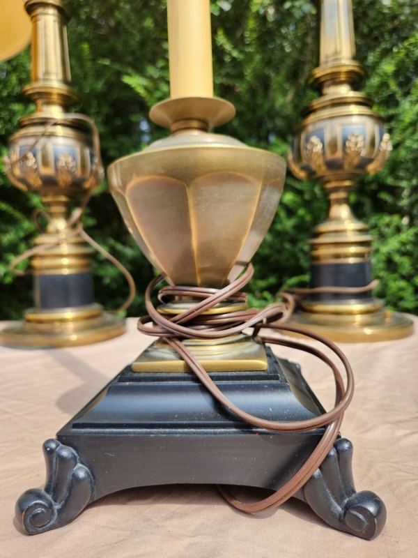 Candlestick Table Lamp Antique Brass Scroll Feet Black Base Colonial