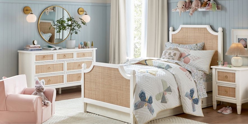 Cane Panel Bed Coastal Cottage Arched White Headboard Rattan Inlay