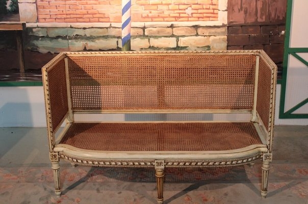 Cane Settee Antique Cream Box Frame Fluted Legs Neoclassical