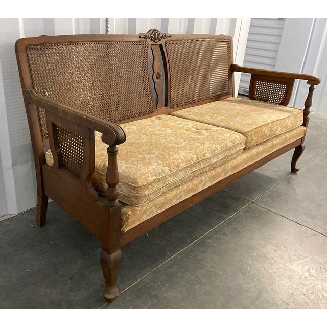 Cane Sofa Double Cane Back Gold Floral Brocade Vintage Cottage