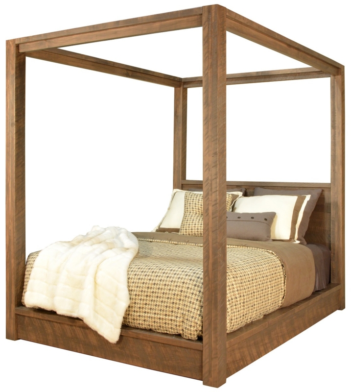 Canopy Bed Distressed Medium Brown Finish Farmhouse Style