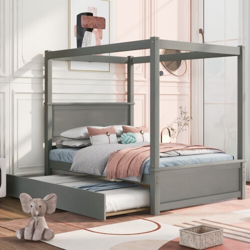 Canopy Bed Full Size Slate Grey Paneled Headboard with Trundle