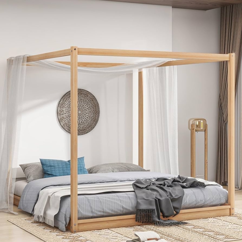 Canopy Bed Japandi Floor Platform with Natural Wood Finish