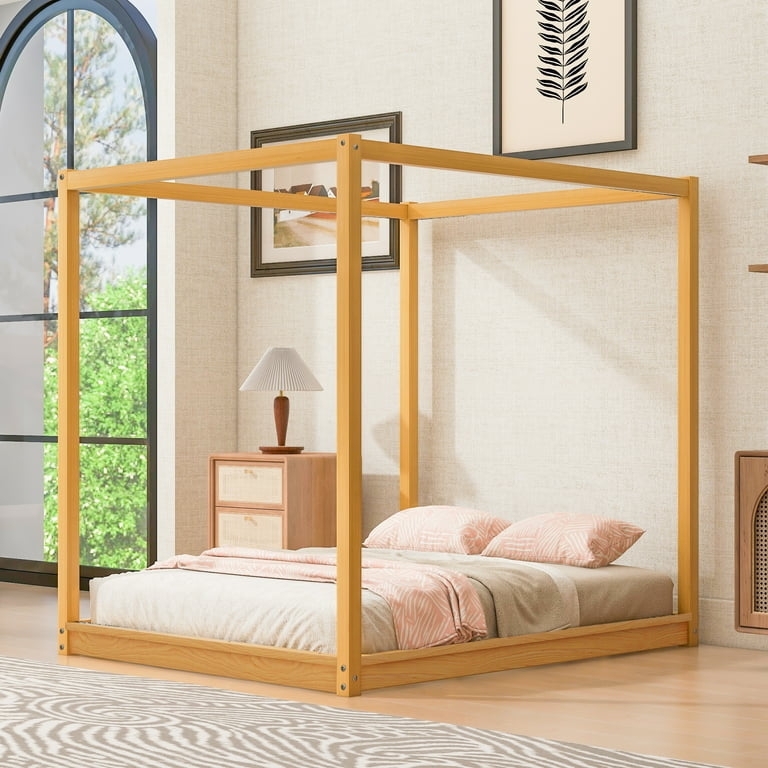 Canopy Bed Natural Wood Tone Low Profile Scandinavian Style
