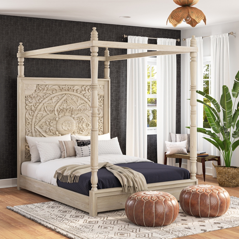Canopy Bed Weathered White Hand Carved Mandala Headboard