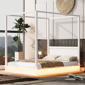 Canopy Bed White Minimalist Frame with Under Bed LED Lighting