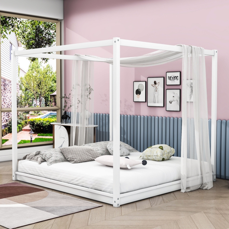 Canopy Bed White Painted Wood Low Profile Minimalist Frame