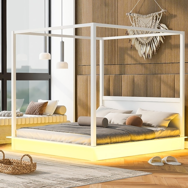 Canopy Bed White Platform Frame with Boho Chic Style and LED