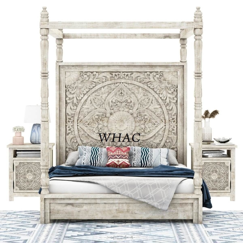 Canopy Bed Whitewashed Global Inspired with Relief Textured Headboard