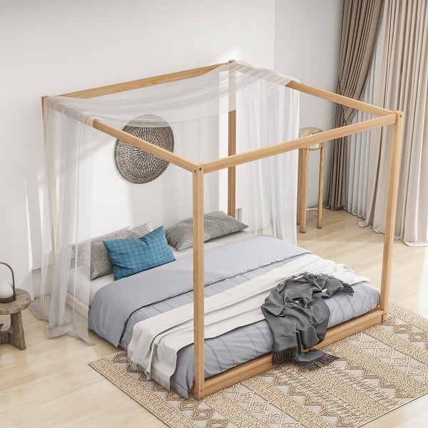 Canopy Bed with Sheer Drapery and Light Wood Platform Frame