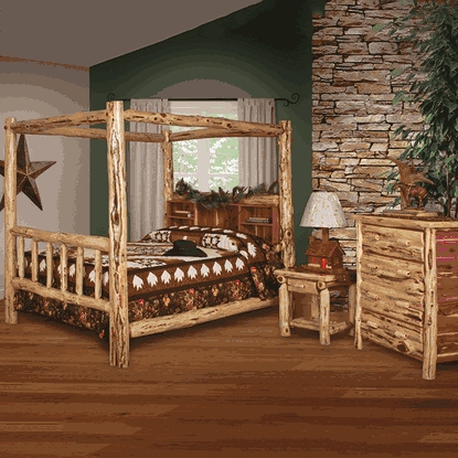 Canopy Bedroom Set, Red Cedar Logs, Bookcase Headboard, Rustic Lodge