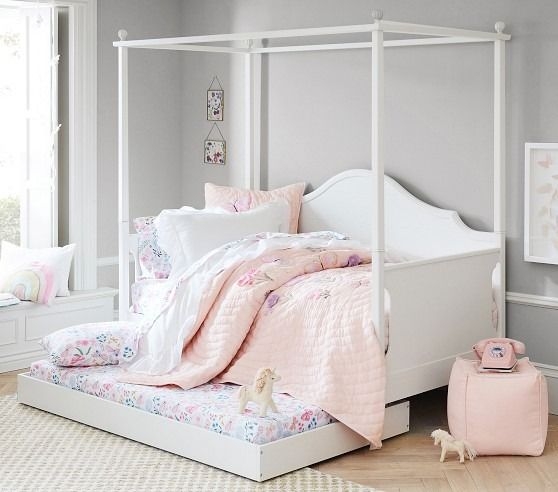 Canopy Daybed Arched Backboard with Trundle & Floral Print, Romantic Style