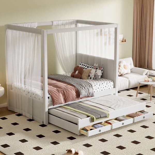Canopy Daybed Beige Upholstered Headboard with 3 Storage Drawers