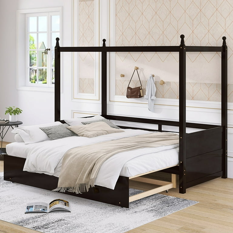 Canopy Daybed Espresso Finish Ball Finials with Trundle, Modern Design