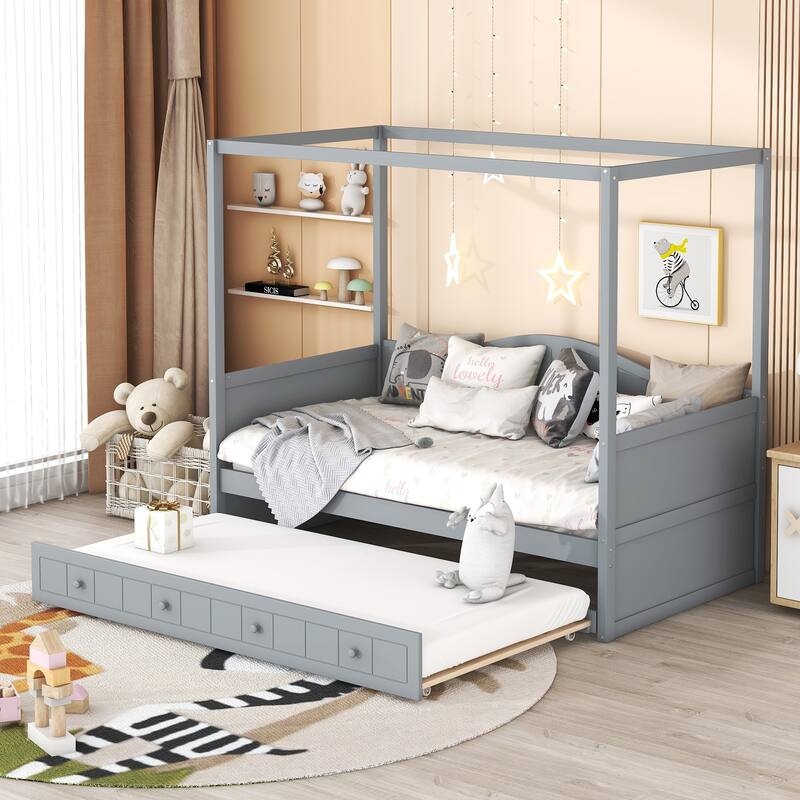 Canopy Daybed Grey Built-In Shelves with Trundle, Space Saving Kids Bed